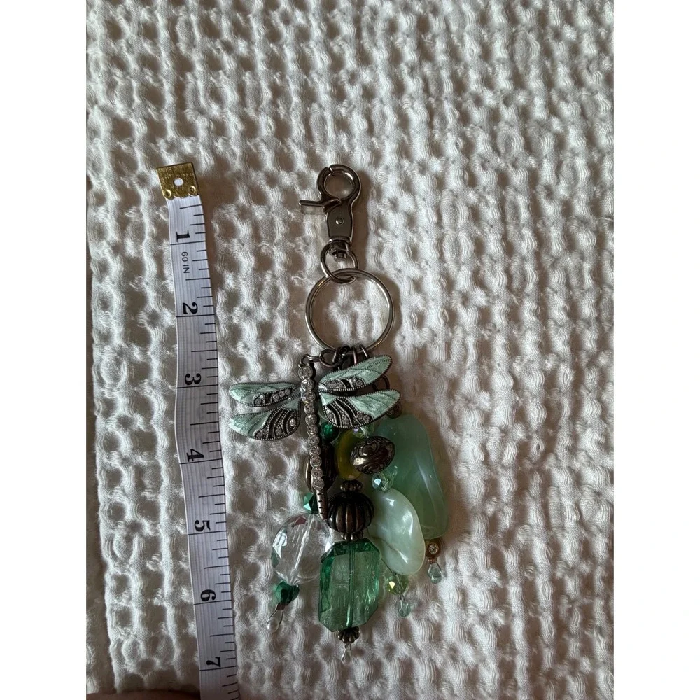 Green Dragonfly Enamel Rhinestone Beaded Bag Charm Keychain Silver Tone